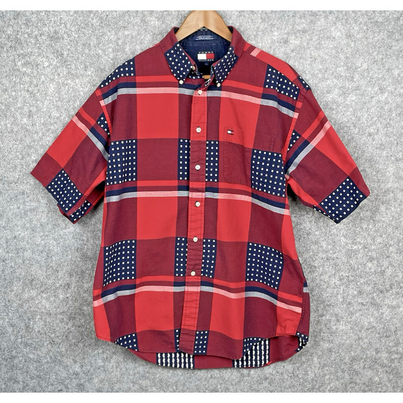 Tommy Hilfiger Mens July 4th Y2K Patchwork Plaid‎ Shirt Size L Americana Preppy - Picture 1 of 6